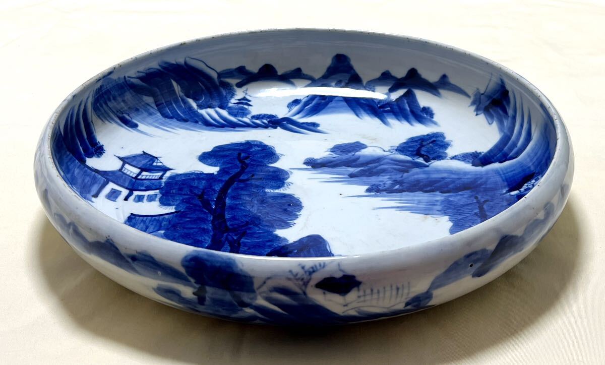 有田焼 古伊万里 染付山水楼閣絵 径39cm特大皿 飾皿 年代物