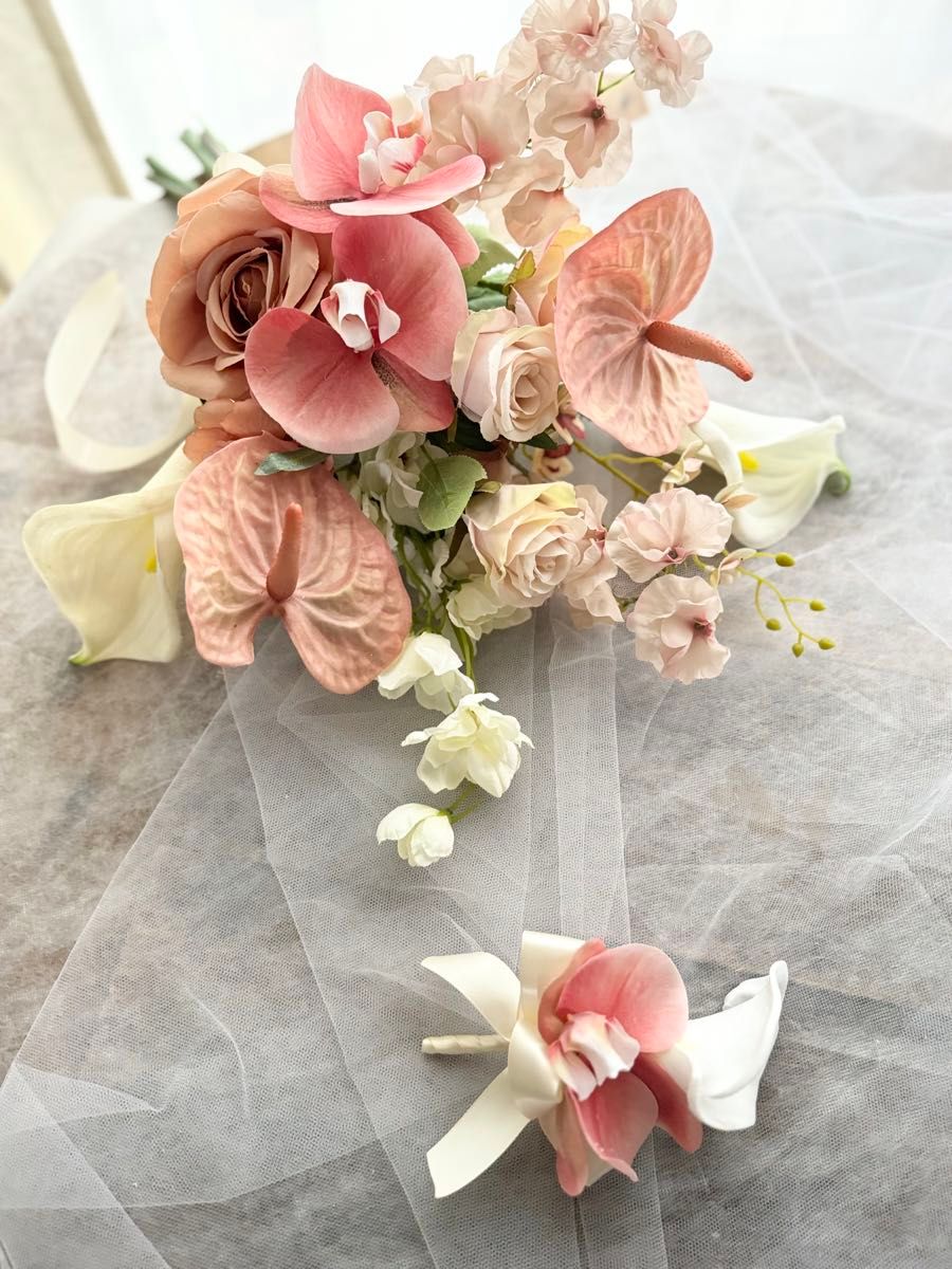 サーモンピンク×コーラルピンククラッチブーケ ブートニア｜Yahoo