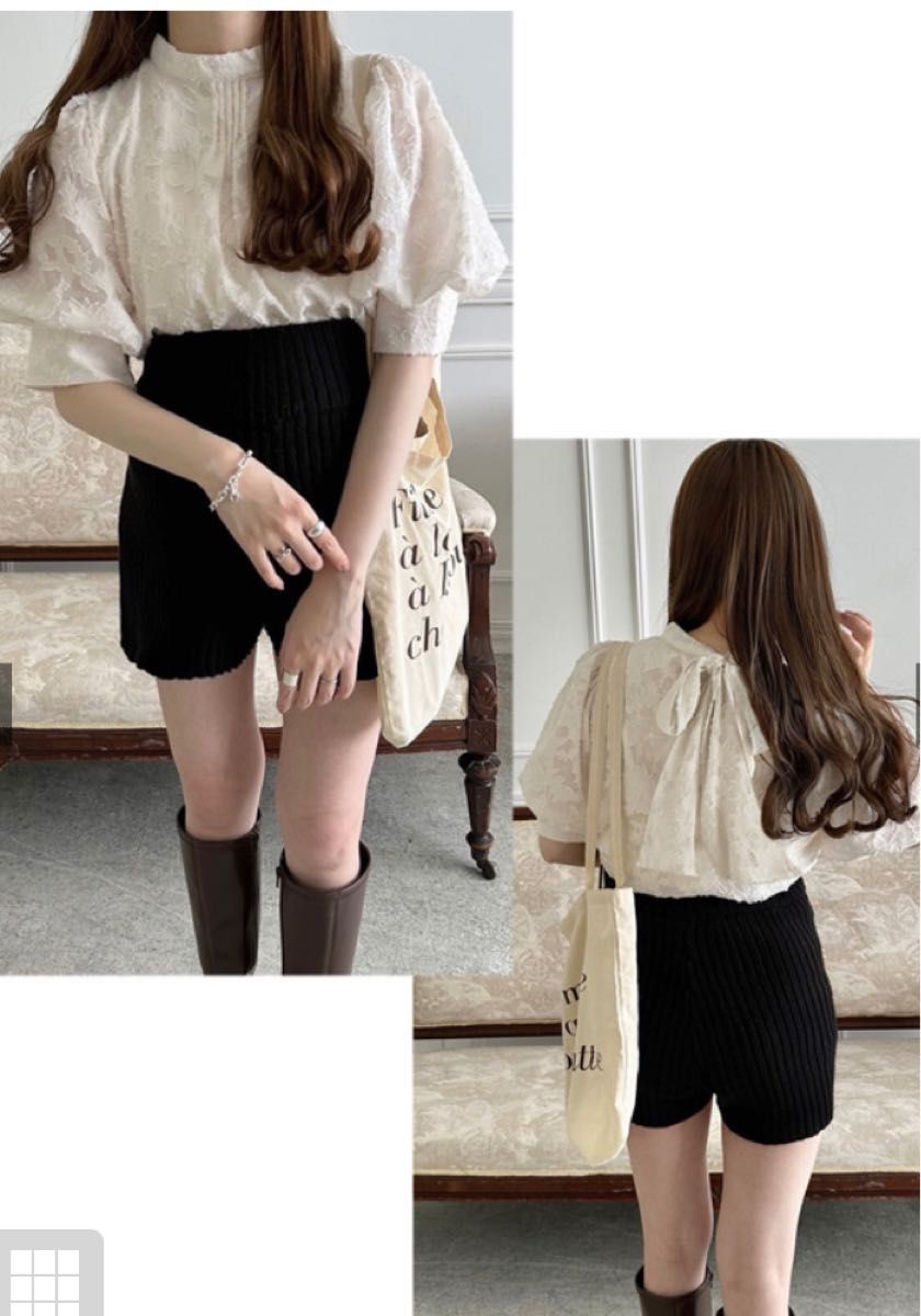 人気在庫切れ商品 】花柄ジャガードバックリボンパフスリーブブラウス