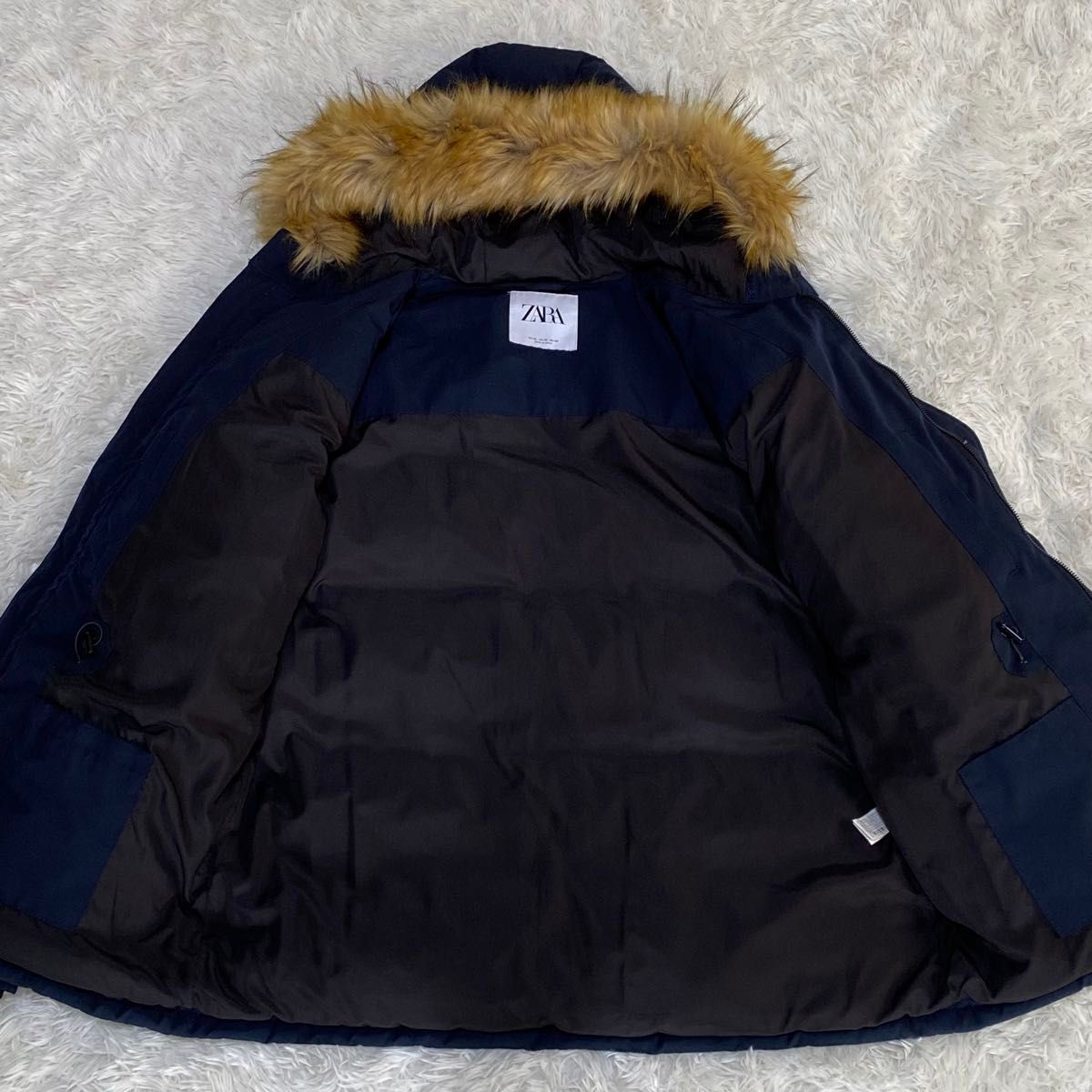 極美品 ZARA モッズダウンコート フーディ ファー着脱可能 紺色 XL