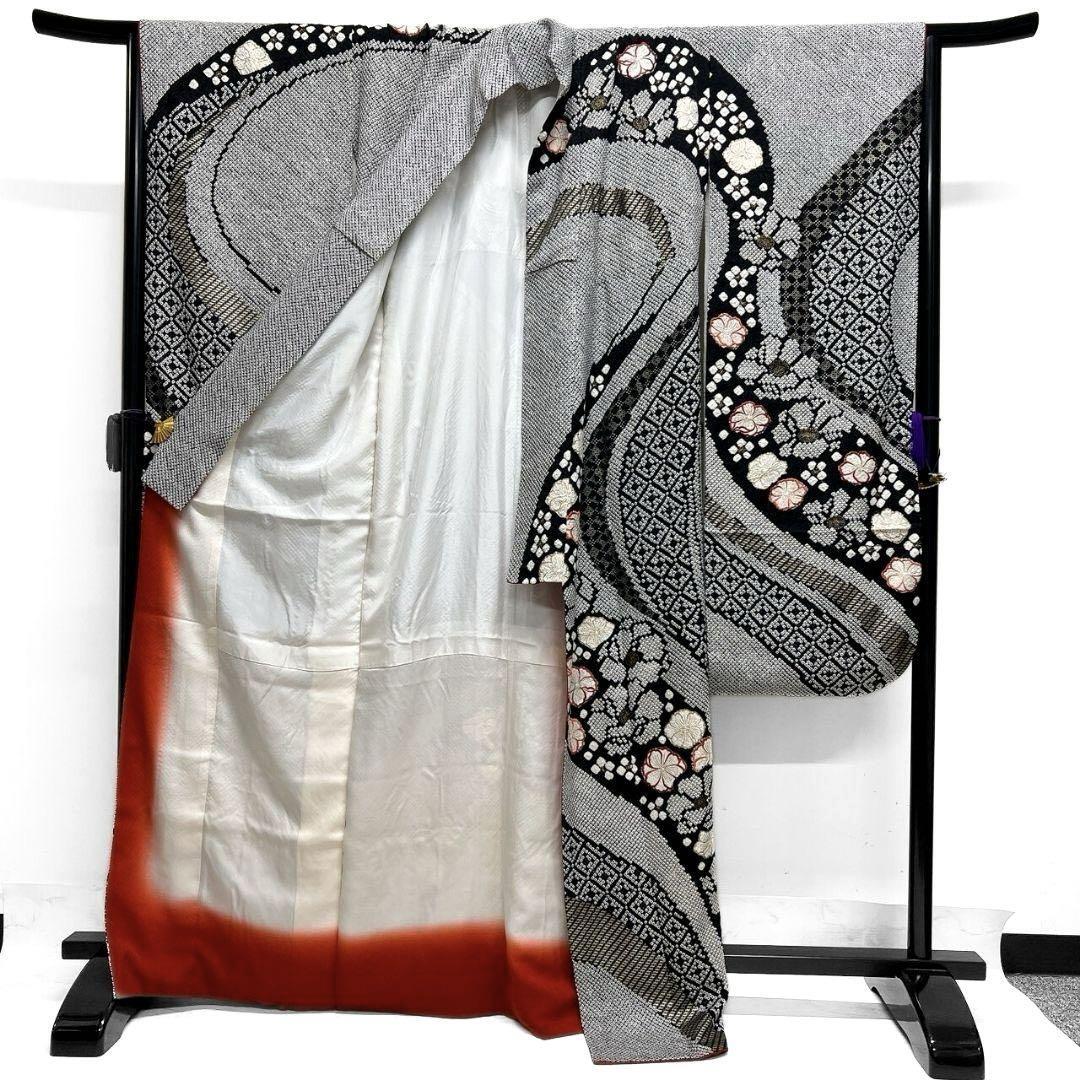 総絞り 金彩 花模様 モノトーン 振袖 成人式 晴れの日 着物 032a p