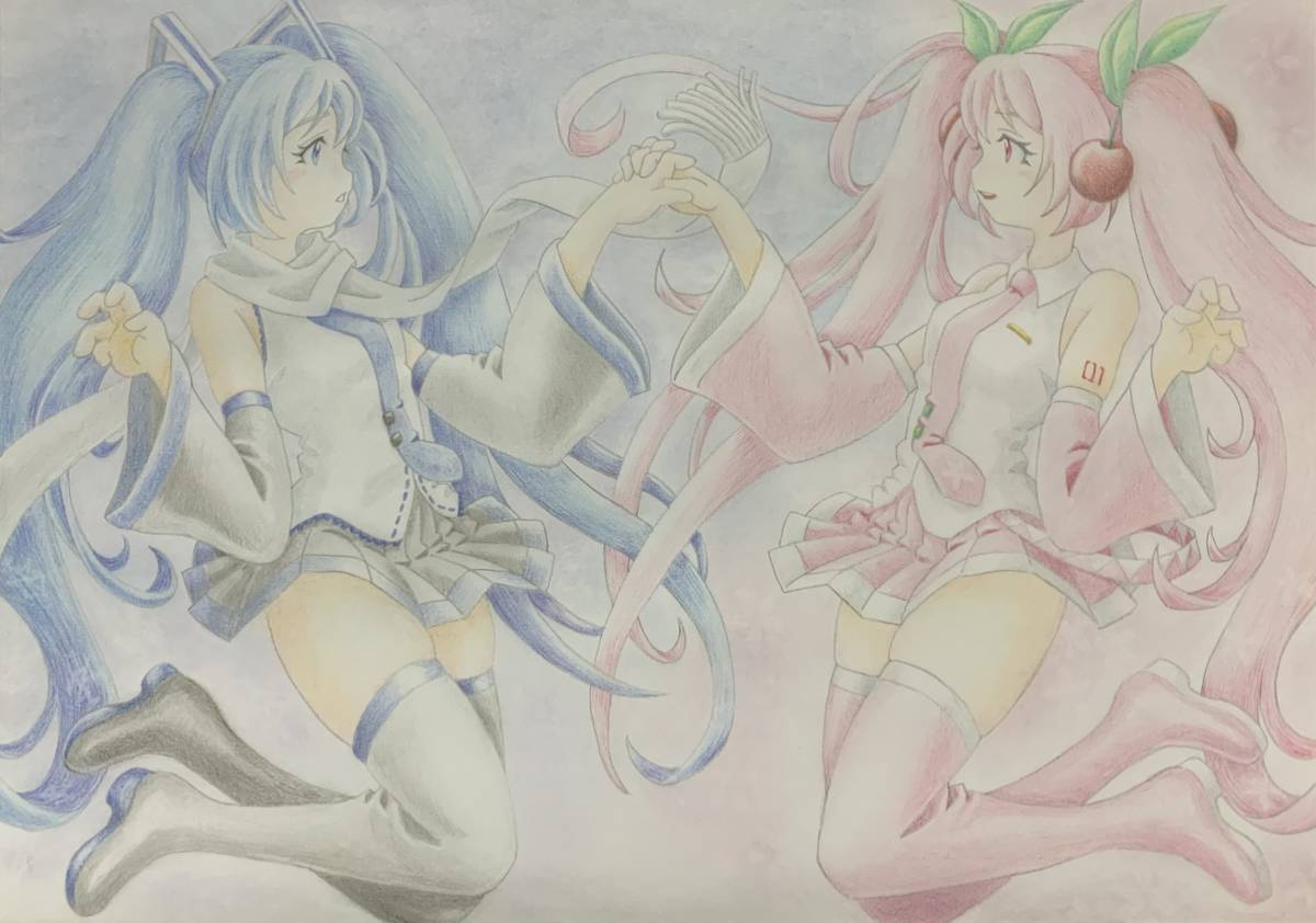 Yahoo!オークション - 手描きイラスト 雪ミク 桜ミク 初音ミク 色鉛筆