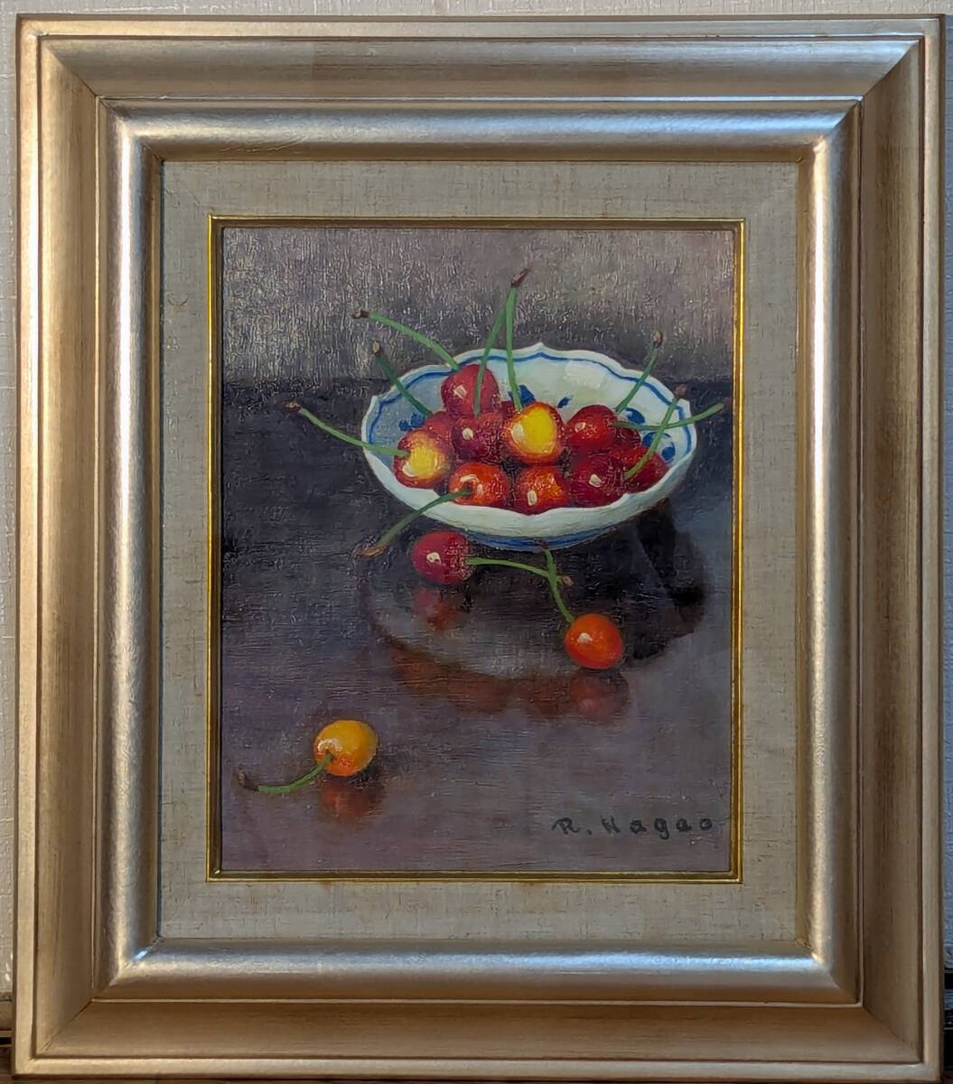 真作】絵画 長生玲子 油彩3号 桜ん坊 さくらんぼの籠とテーブル Y111