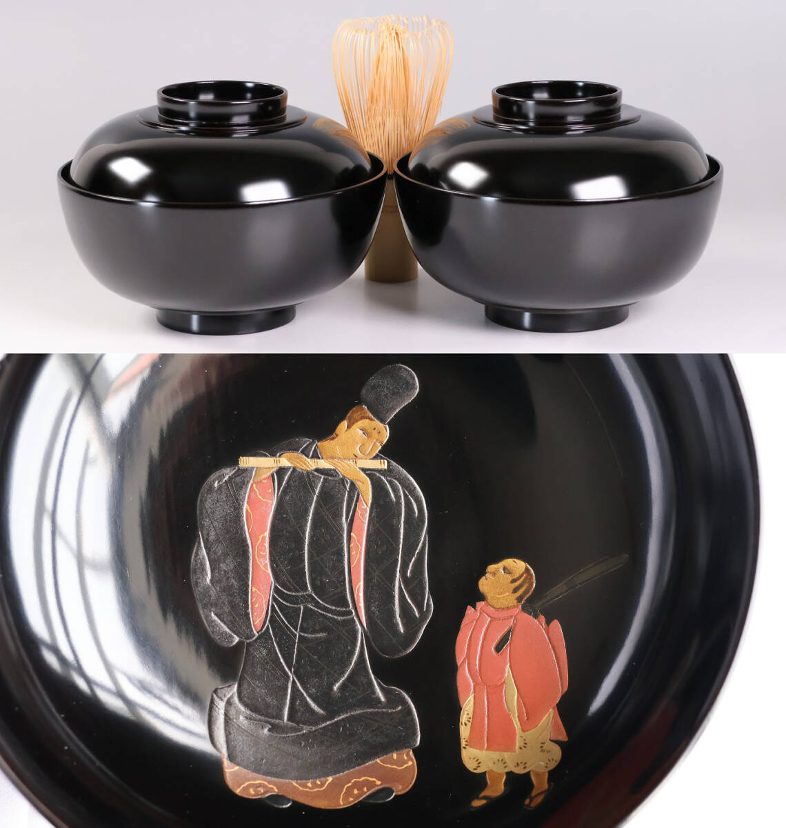 CH34 極上輪島塗 四君子金蒔絵 黒塗椀 五客 木製漆器 梨地研出切金細密