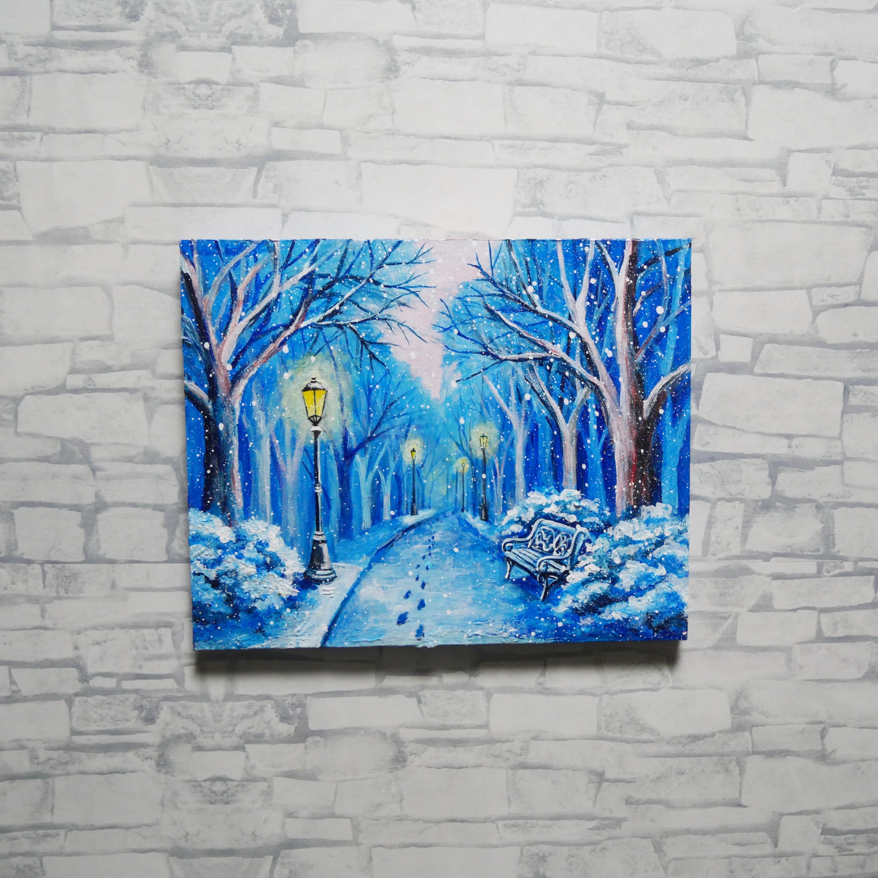 油絵 原画 雪景色 冬景色 幻想的 青 絵画 F3「雪降る幻想」 | HIROSHI1990