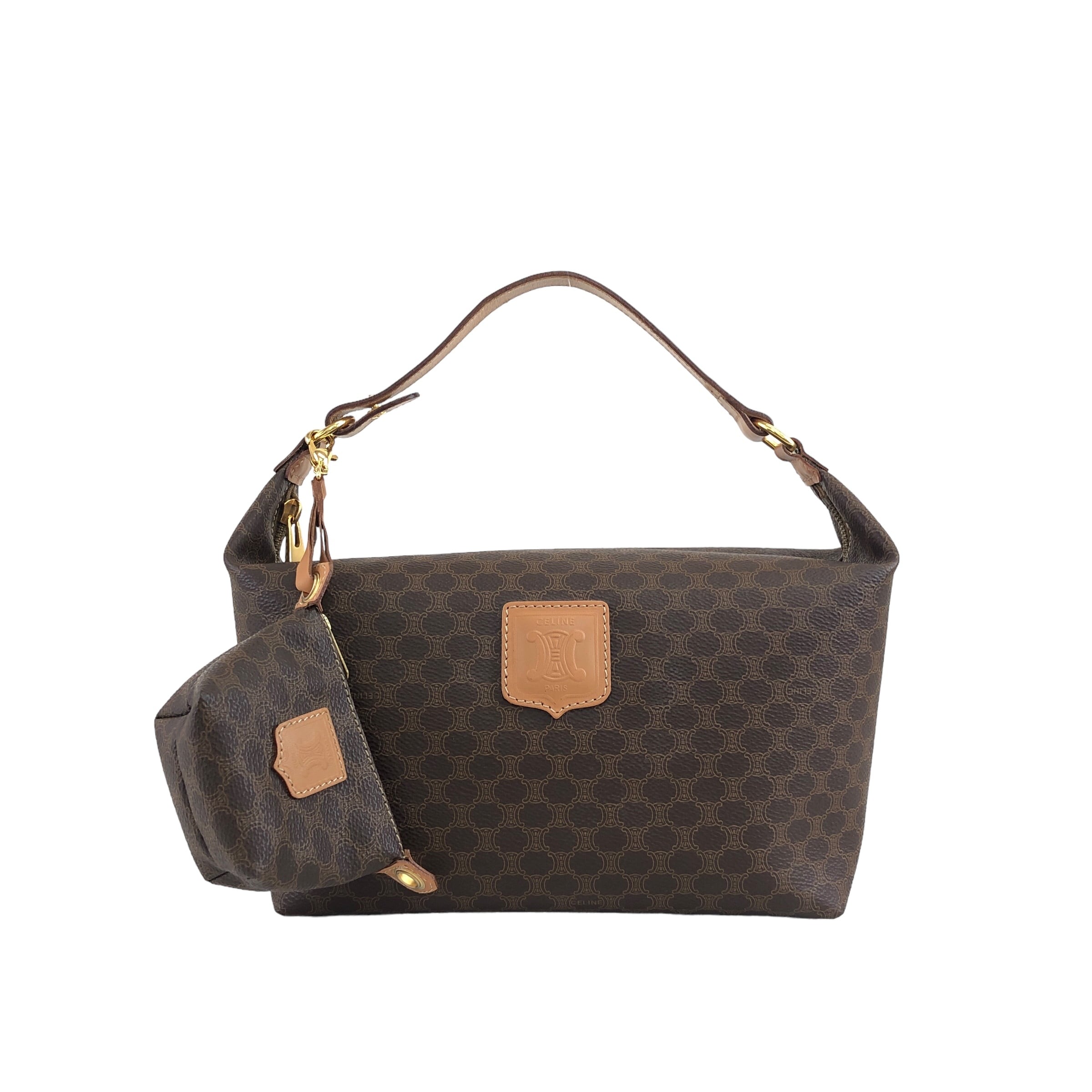 CELINE セリーヌ マカダム ハンドバッグ ブラウン ロゴ PVCレザー