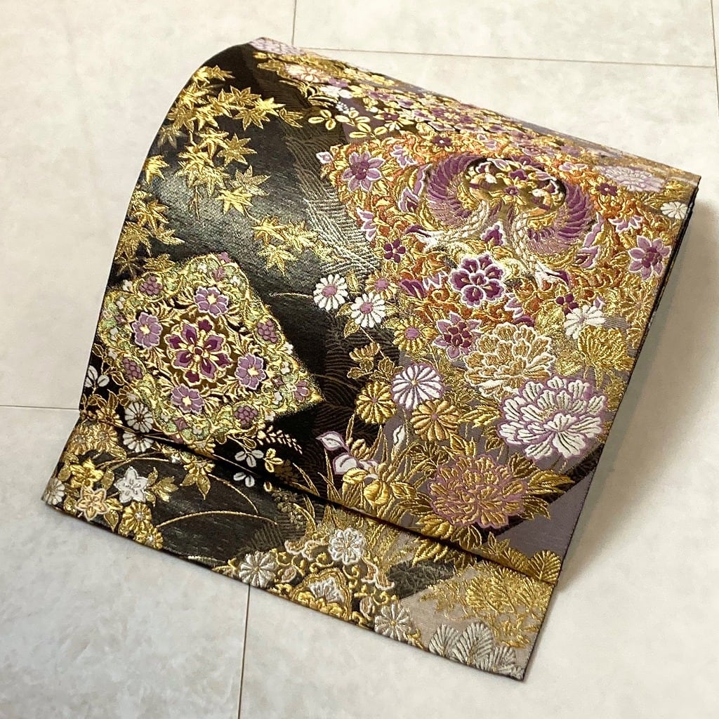 じゅらく帝王紫 西陣名門 未使用 袋帯 華紋 花柄 金銀糸 黒 紺 402