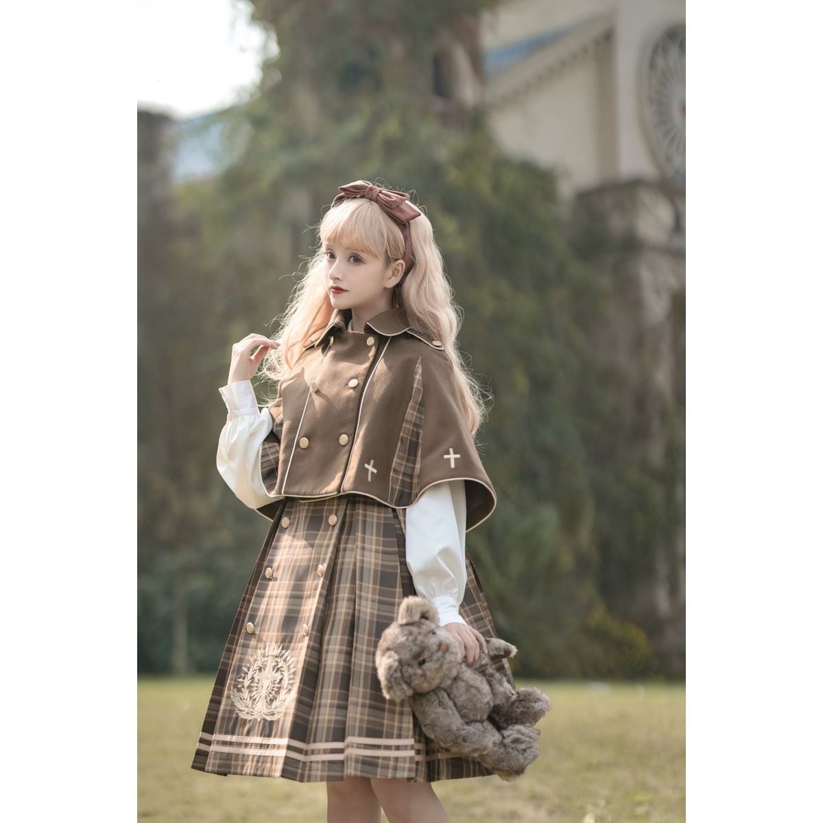 即納】探偵風ケープ付きダブルブレストワンピース：グレーM、グレーL