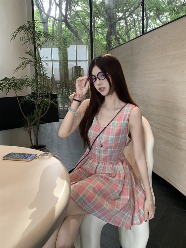 ワンピース ミニ丈 ノースリーブ チェック柄 Aライン 前ボタン