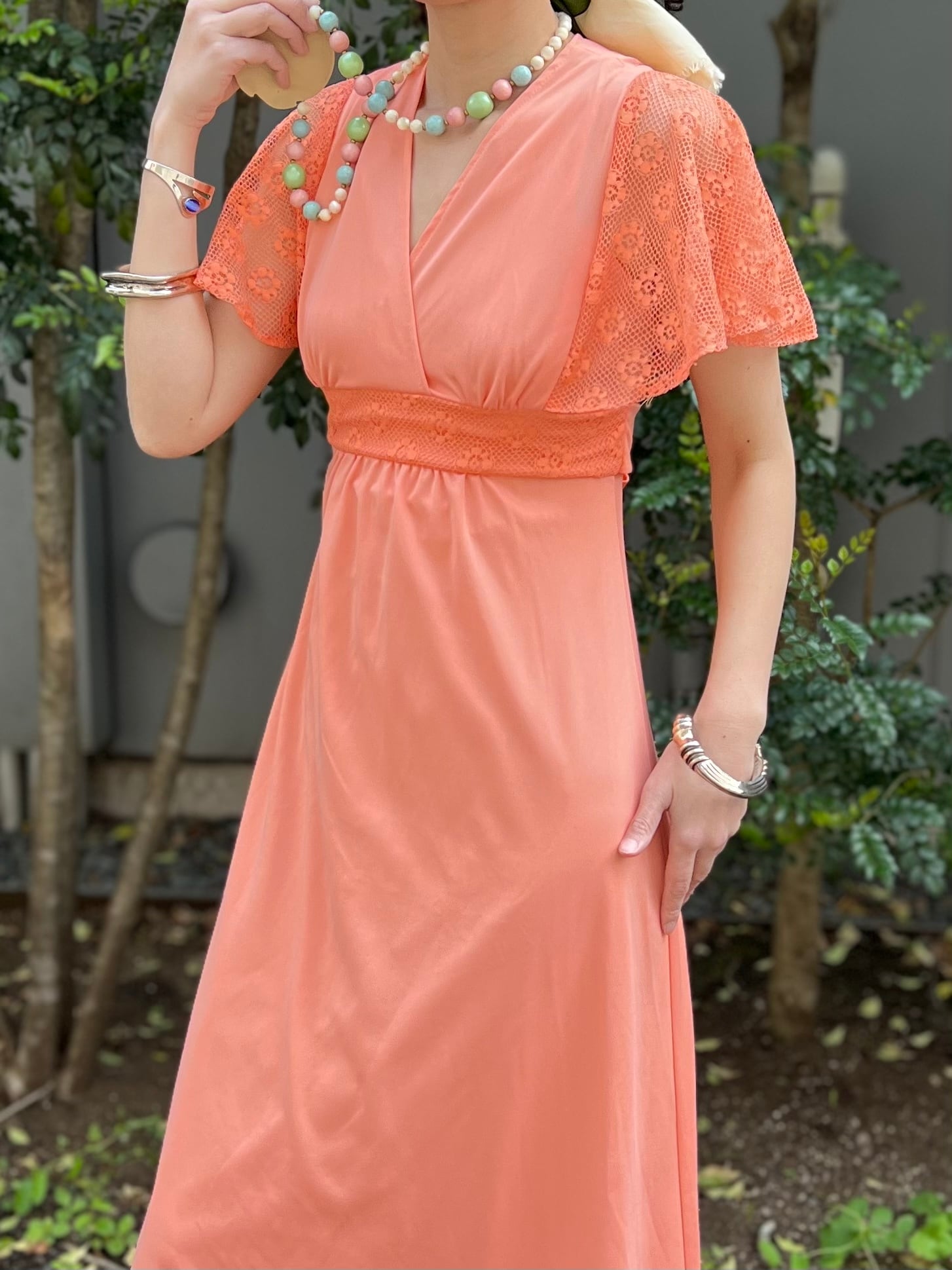 70s salmon pink × floral mesh poly dress ( ヴィンテージ サーモン