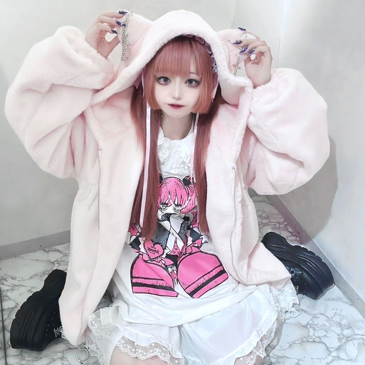 ネコ耳ロゴファーBIGブルゾン(LIGHT PINK) | VOLCAN&APHRODITE