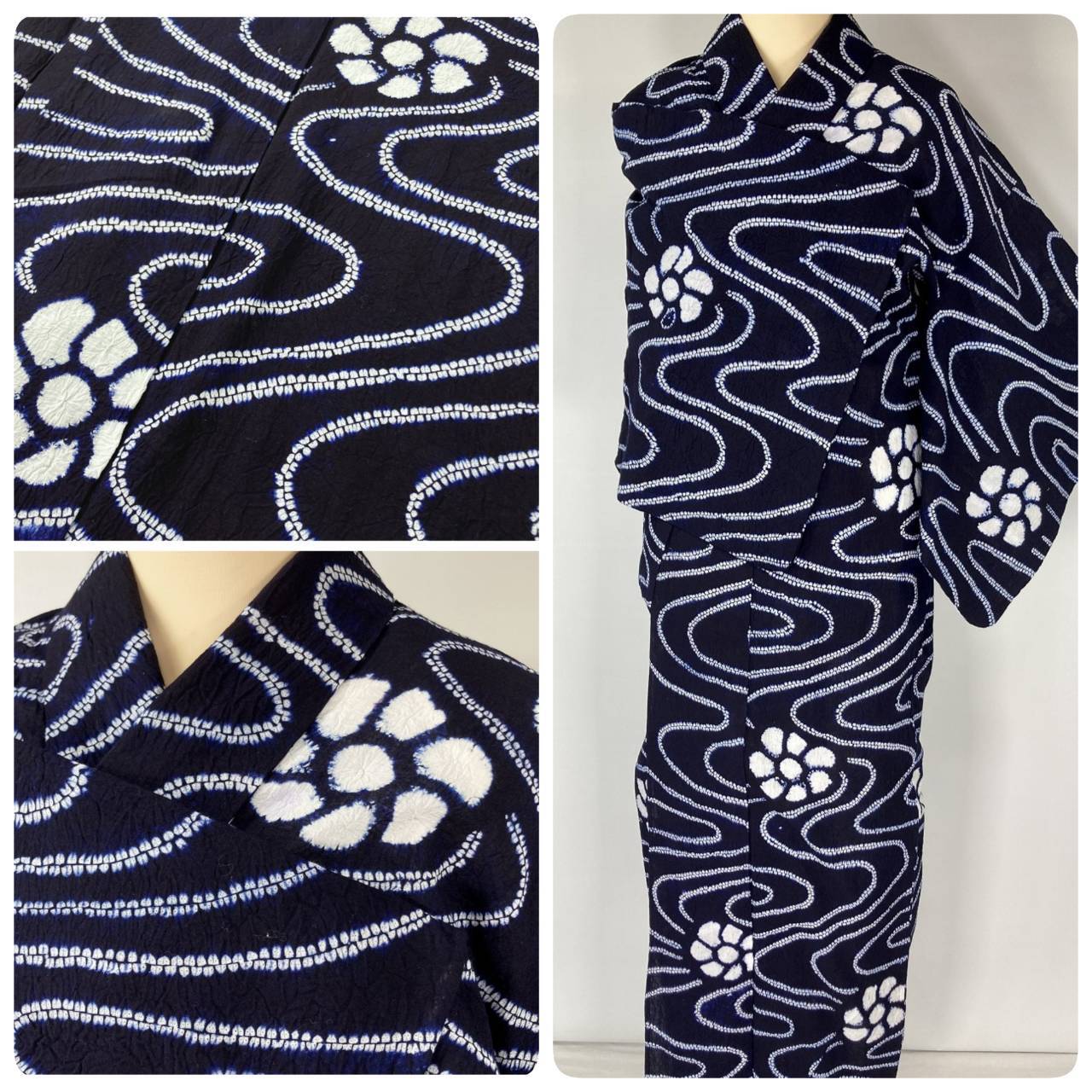 有松絞り【浴衣】広衿 花 流水 有松鳴海絞り 夏着物 綿 紺 白 105