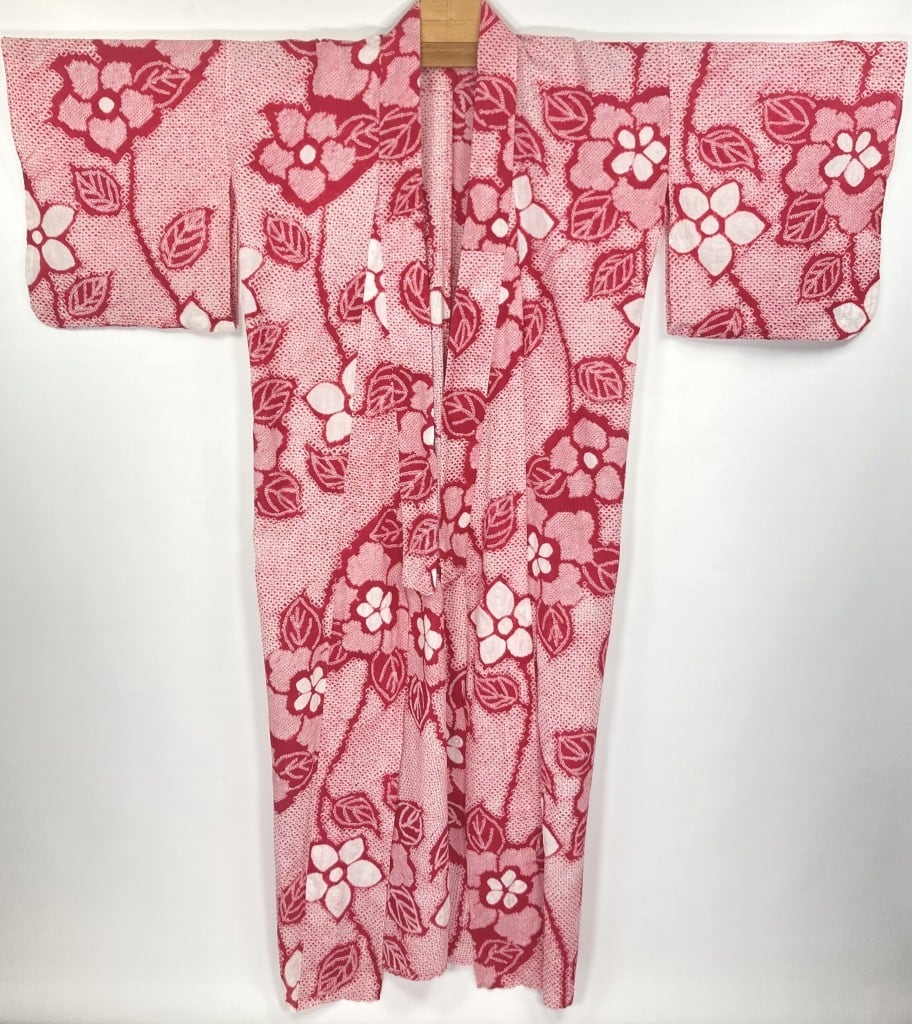 有松絞り【浴衣】希少色 花柄 綿 夏着物 有松鳴海絞り 赤 白 紅色