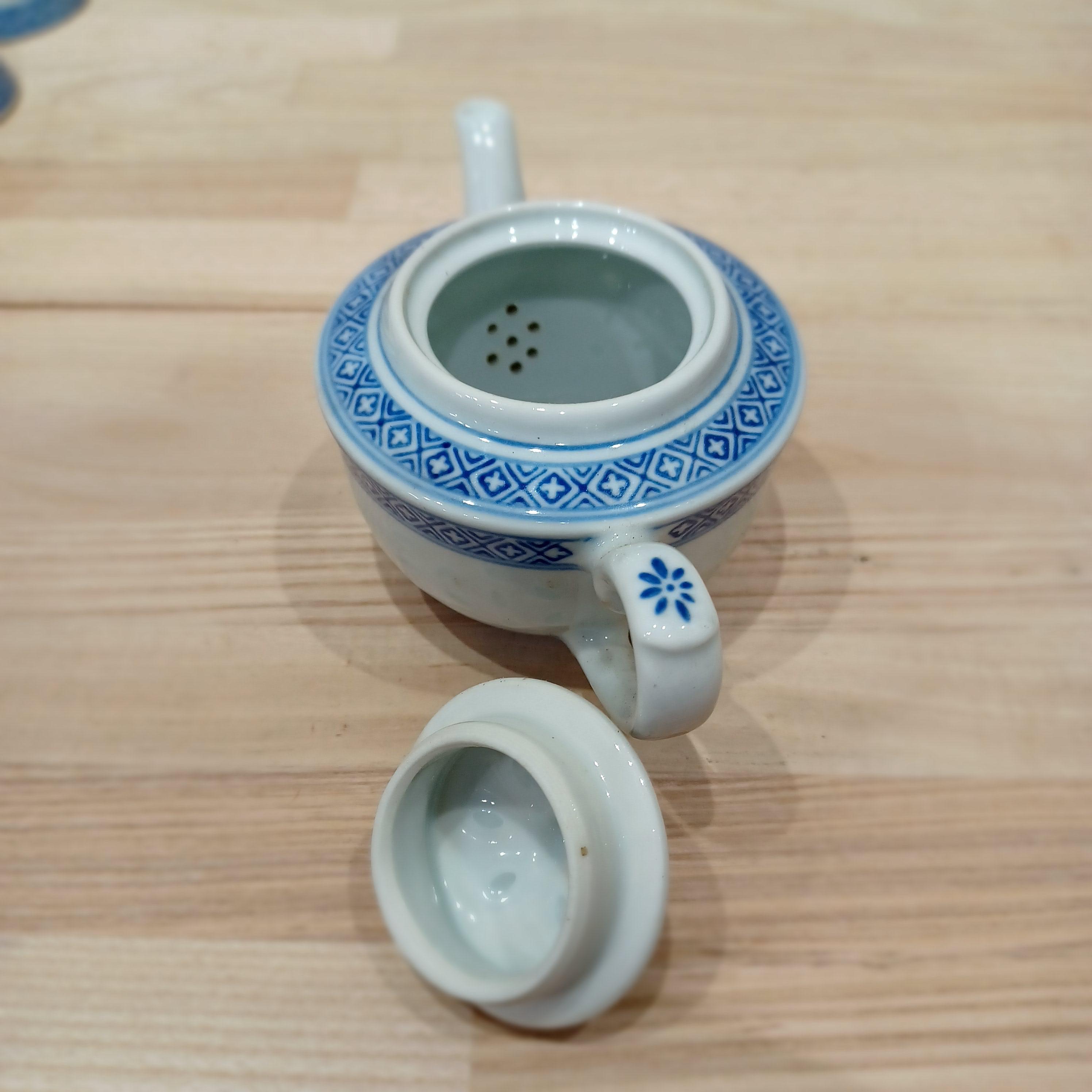 景徳鎮・ヴィンテージ】蛍手透かし煎茶碗＆ティーポット 5点セット｜青