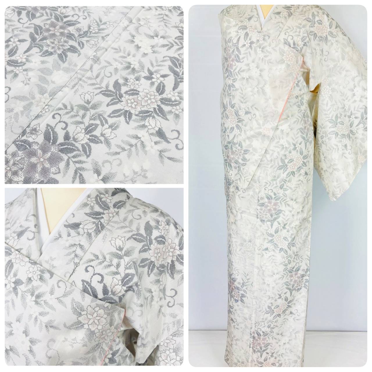 未使用 白大島 9ﾏﾙｷ 本場大島紬 花柄 白 紫 ピンク グレー 793