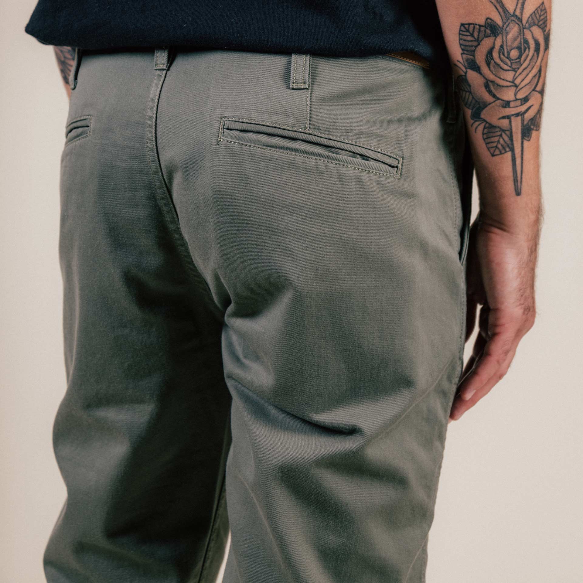 BC-04 RELAXED CHINO 8.5 oz. aged green sateen twill | BENZAK