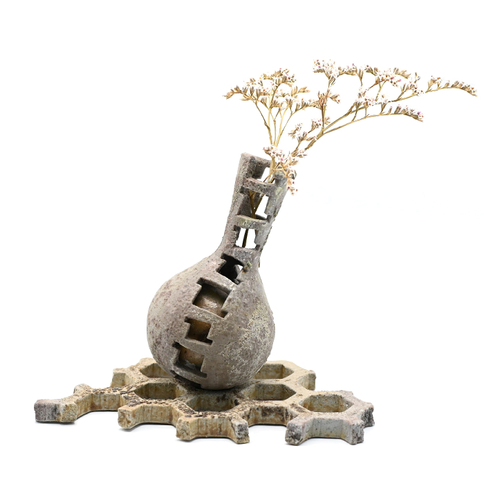 備前焼 各見信利 花入 鶴首花瓶 一輪挿し 共箱 共布 付き 備前焼 鶴首