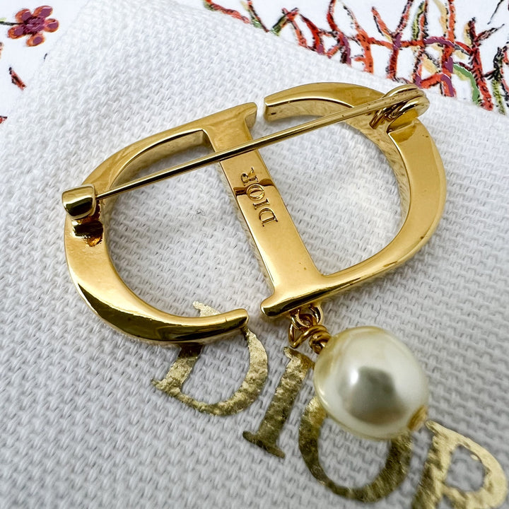 Dior Petit CD Brooch studded with Crystals and Dangling Pearl in