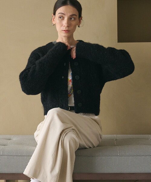 セール】ウールブレンド ブークレ クルーネックカーディガン