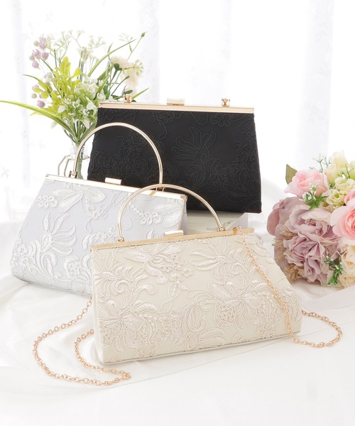セール】フラワー刺繍メタリックハンドバッグ（クラッチバッグ）｜Lace