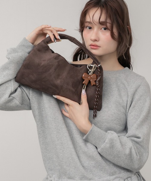 セール】台形スエードハンドバッグ / ネイビー ブラウン フェイク