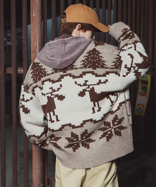 BLAIZE様☆ノルディック柄カウチンニットセーター総柄ファーフーディ