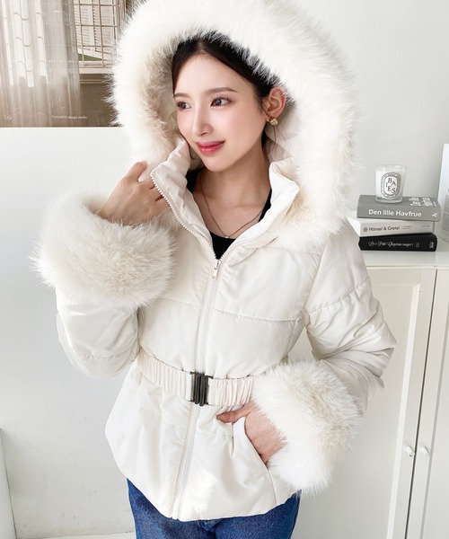 セール】ウェストベルト付きフードファーダウンジャケット（ダウン