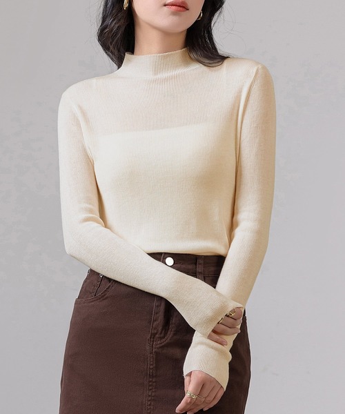 セール】レディース 長袖エフォートレスハイネックリブニットトップス