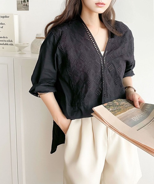 セール】レトロな刺繍が古着感をプラス。綿100%、切り替えエンブロイ