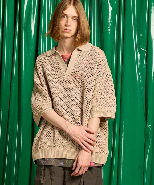 UNISEX》Prime-Over Mesh Short Sleeve Skipper Knit Pullover