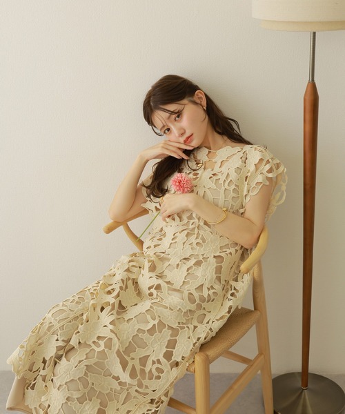 flower cutwork layered dress /フラワー カットワーク ノースリーブ