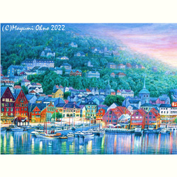 北欧額457mm☆アメリカで版画化☆ノルウェー ベルゲン ヨーロッパ 風景