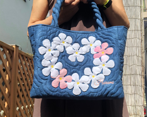 ハワイアンキルト プルメリアのトートバッグブルー白 受注製作 トート