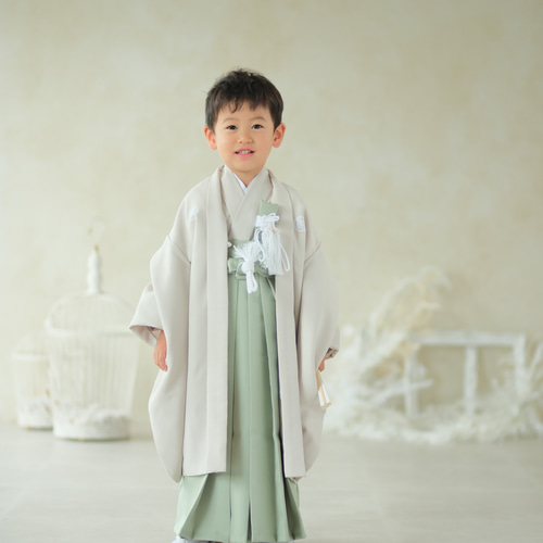 七五三5歳男の子羽織・着物・袴一式 11点セット 袴グリーン系 着物