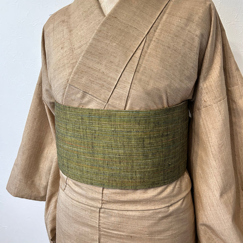 233号 半幅帯 紅型紬 アイボリー×抹茶色紬 正絹 リバーシブル 並尺