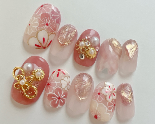 ネイルチップ ニュアンスネイル 和柄ネイル 成人式 振袖 ピンク