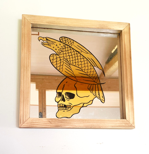 アートフレーム 壁掛け パブミラー ドクロ 鷲 鷹 タトゥーデザイン