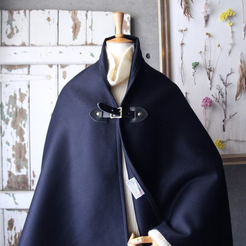 カシミア100% 最高級ポンチョ ネイビーx黒レザー シャルム加工 コート