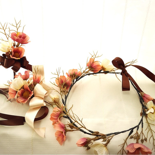 コスモスの花冠+リストブーケ，ブートニア ヘッドドレス（アクセサリー