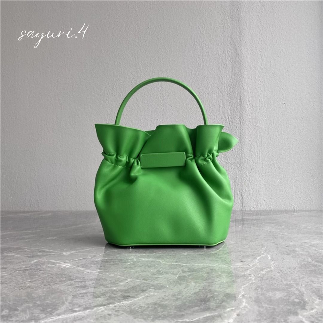 グリーン ソフトレザー ハンドバッグ ショルダーバッグ フリル