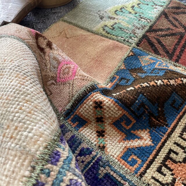 トルコヴィンテージラグ パッチワークラグ 46×87 グリーンブラウン