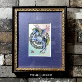 原画 1点もの カエル 蛙 額装付き ボールペン画 日本人作家 色鉛筆画