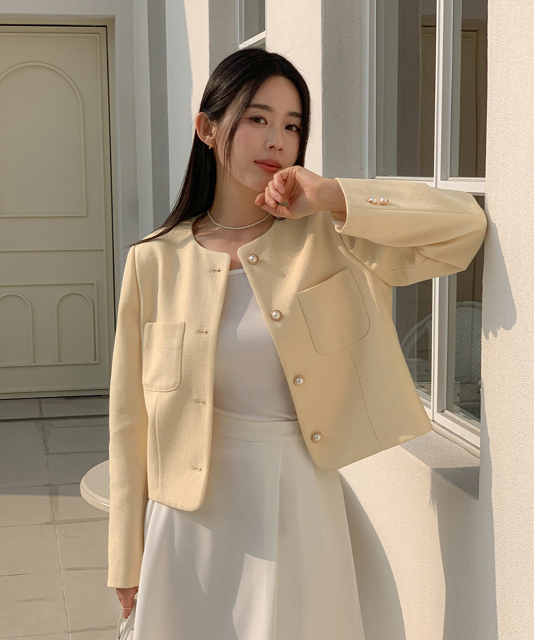 オケージョン】[original/S-L]ノーカラーツイードジャケット