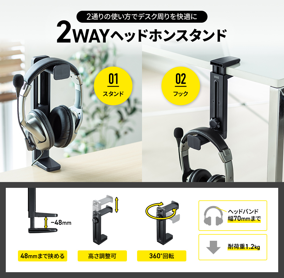 PDA-STN25BK【回転式2WAYヘッドホンスタンド】挟むだけで簡単に
