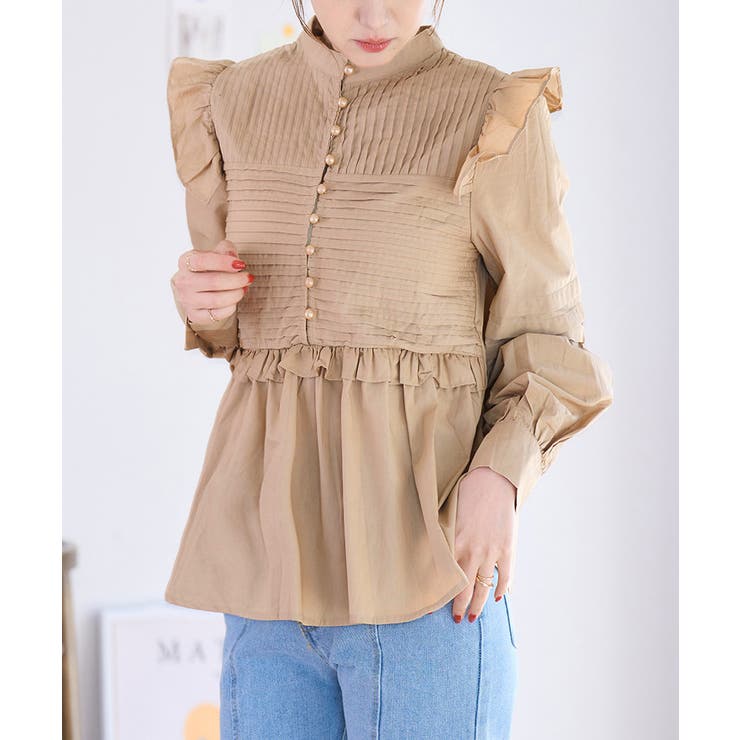 フリルスタンドカラーシャツ フリル シャツ[品番：GW000004693