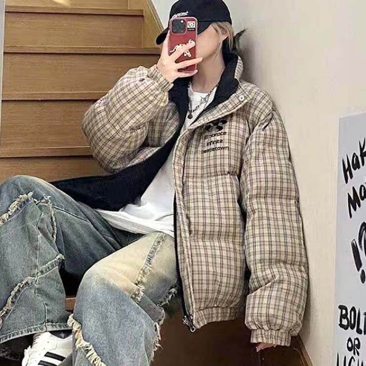 リバーシブルチェック柄中綿ジャケット 秋 冬[品番：SHNW0012134