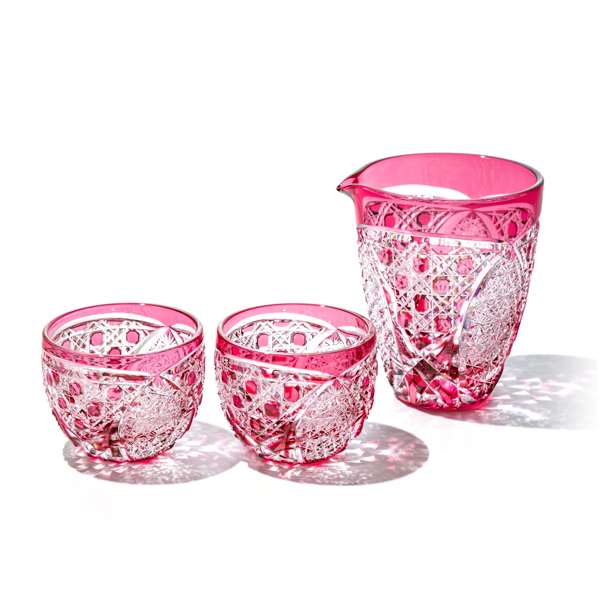 江戸切子 伝統工芸士 木村泰典 作 菊繋ぎに籠目紋 酒器三点揃 琥珀ルリ