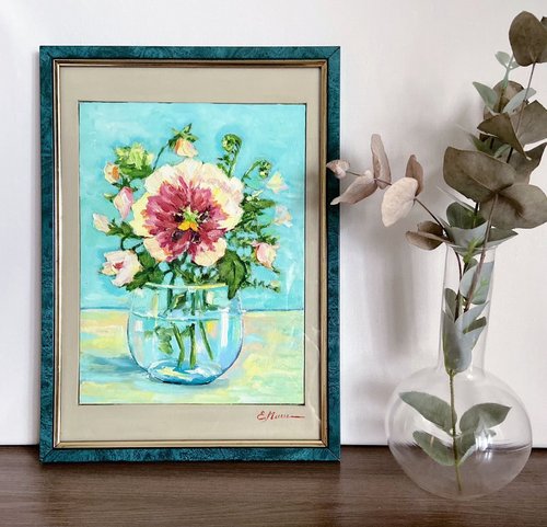 ロシア 青い花瓶のパンジー 静物画 油絵 ヒーリングアート 壁飾り 花