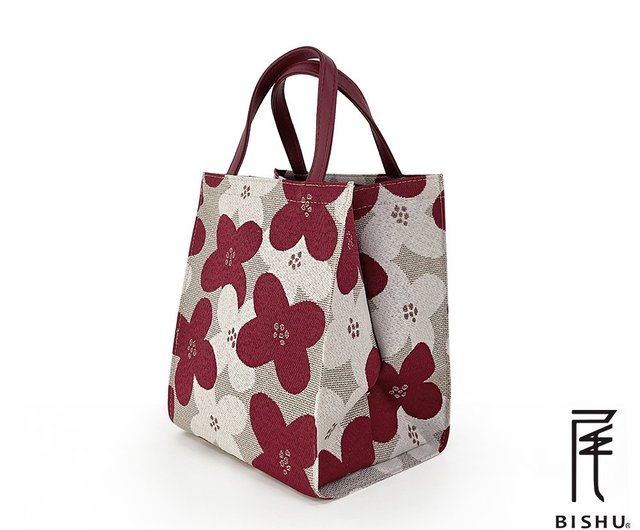 台湾 日本製-尾州織 サンシュユの花咲くランチトートバッグ-赤 Paidal