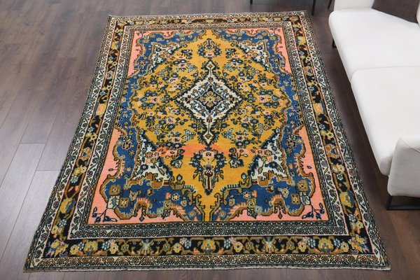 7x10 Vintage Turkish Oushak Handmade Wool Area Rug in Yellow for